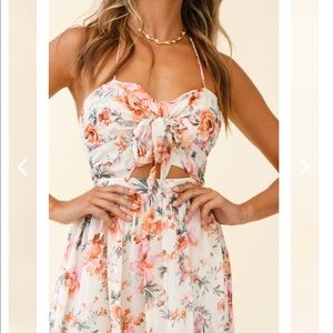 LOS FELIZ TIED BUST HALTERNECK MIDI DRESS FLORAL PRINT PINK